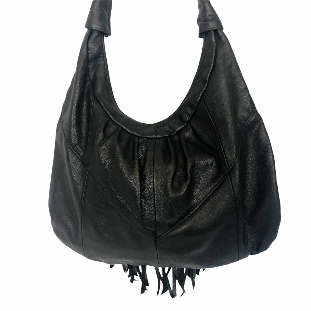 Vintage Black Leather Fringed Hobo with Silver Concho - Picture 4 of 7